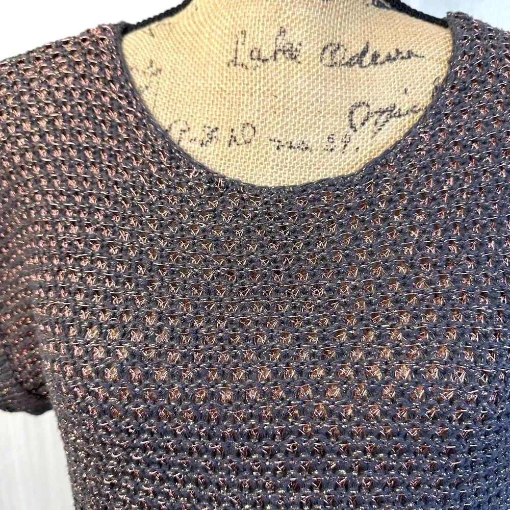 Etcetera Women's Brown w/Pink Metallic Thread Crochet Sweater Vest Sz S/M